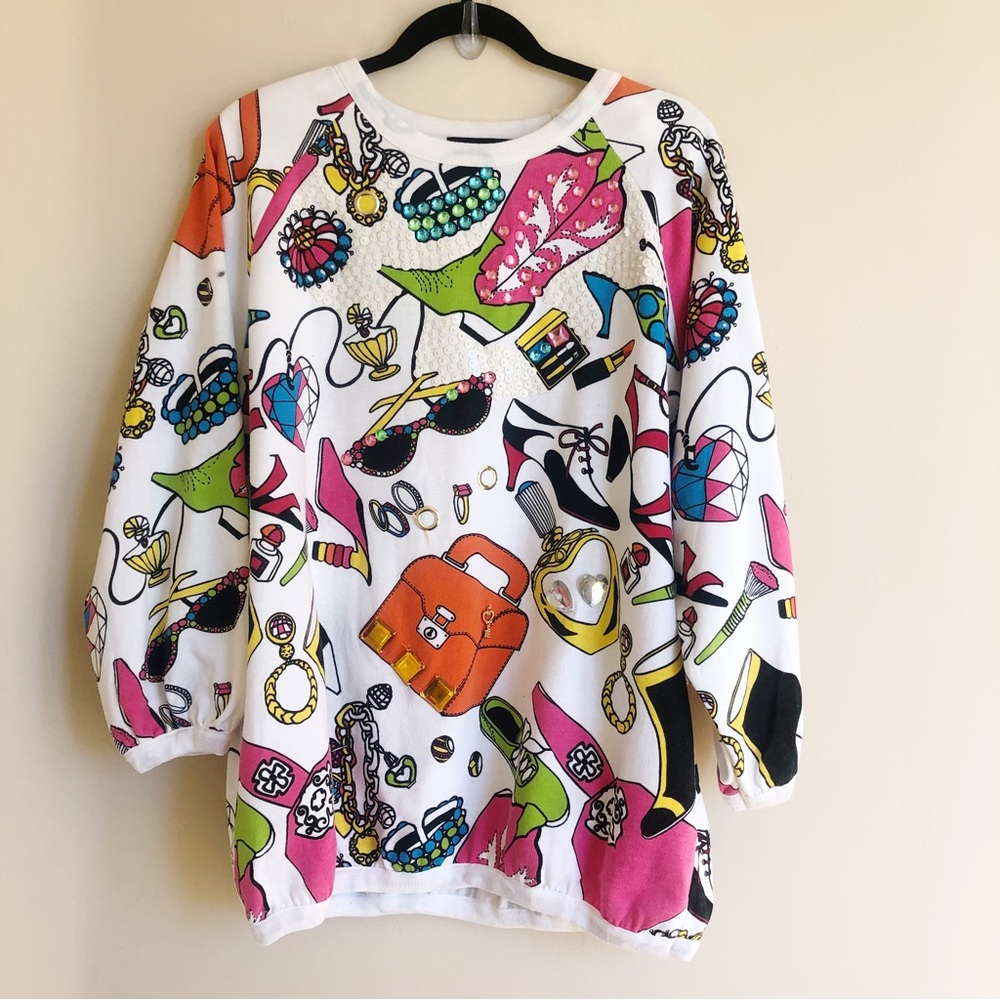 90s Vintage Embellished Sweatshirt Colorful Glam Graphics Sequins Beads Large